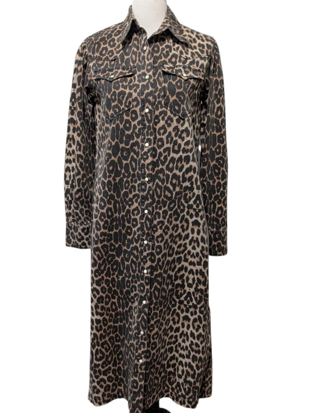 Allsaints Womens Size US 2 Ezra Animal Print Pearl Snap Cotton Denim Shirt Dress